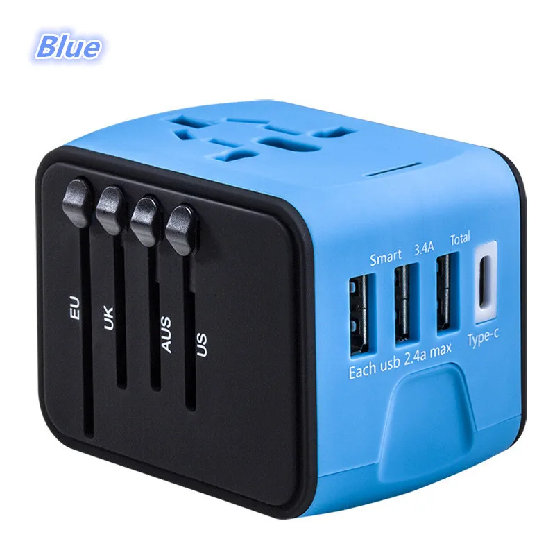 YiJee вилки электроприборов адаптер гнезд международное зарядное устройство Универсальный адаптер для Великобритании/США/Австралии/ЕС с 3USB 1 тип-c - Цвет: Blue
