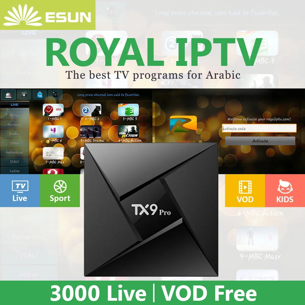 

1 Year Royal IPTV included Tanix TX9 Pro Amlogic S912 Set top Box Android 7.1 3G/32GRoyalTV Configured Arabic Europe IPTV