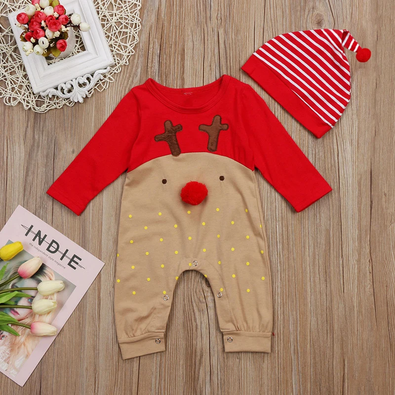 Милая Рождественская одежда для малышей, хлопковый комбинезон с длинными рукавами для новорожденных, комбинезон+ шапочка, Рождественский комплект из 2 предметов, боди, Одежда для новорожденных 0-24 месяцев - Цвет: As Photo Show