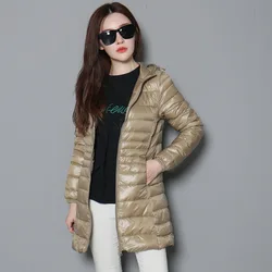 90% White Duck Down Packable Coat Womens Winter Ultra Light Down Jackets Lady Hooded Long Down Overcoat Plus Size S-6XL JK-152