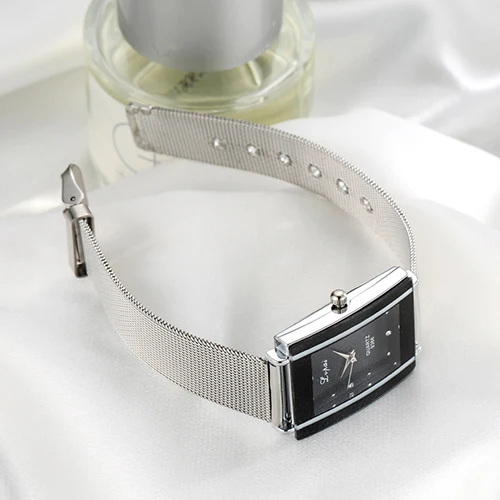 Men Women Fashion Rectangle Dial Stainless Steel Net Strap Quartz Wrist Watch 