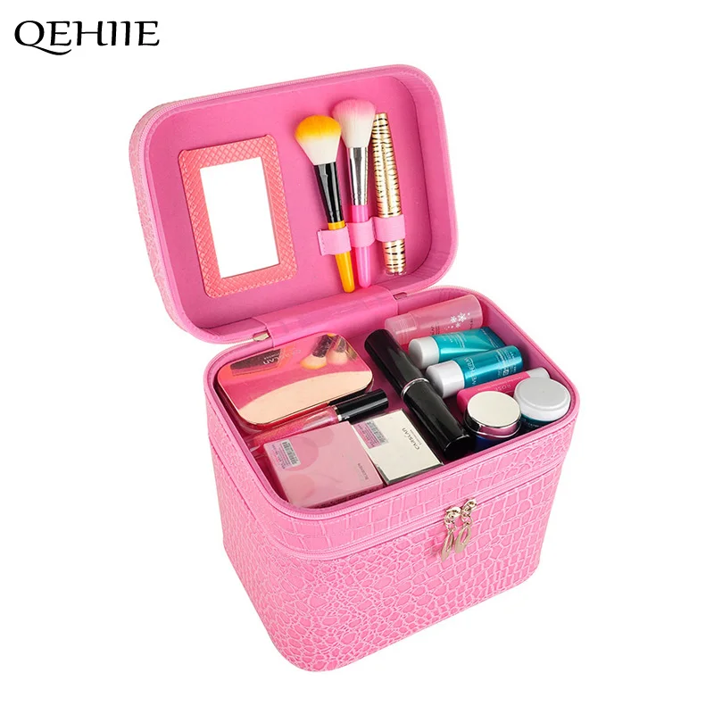 New Korea Crocodile Pattern Cosmetic Case Necklace Earrings Jewelry Large Capacity Cosmetics Beauty Box Woman Travel
