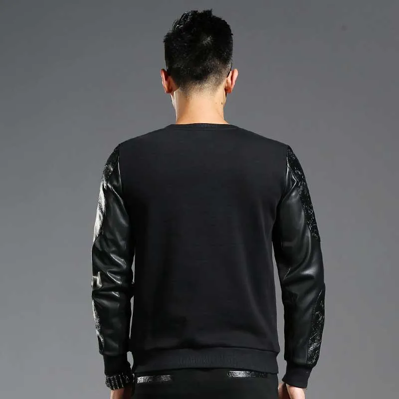 New Fashion PU Zipper Sleeve Hoodie Jacket Korean Style Men's Sweatshirt Casual Slim Pullover Jacket Spring Autumn Male Clothing