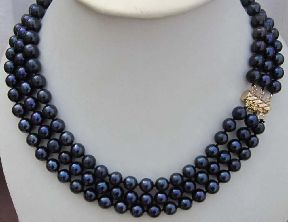 

3 ROW SOUTH SEA AAA 8-9MM BLACK PEARL NECKLACE 18 INCH YELLOW GOLD CLASP>>>girls choker necklace pendant Free shipping