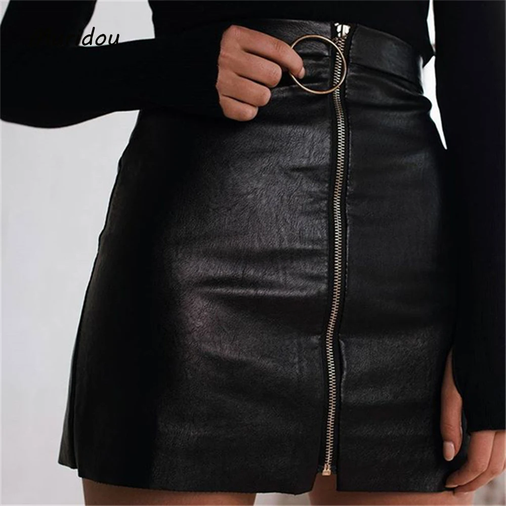 Muridou Black PU Leather Skirts Women Lining O ring Zipper up Above ...