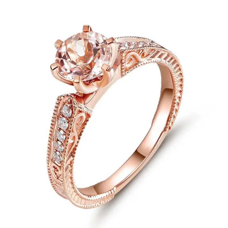 

Peacock Star Vintage Style 14K Rose Gold 6 Claws Prong Engagement Ring 1.2 Ct Peach Morganite 0.13 Ct Natural Diamonds