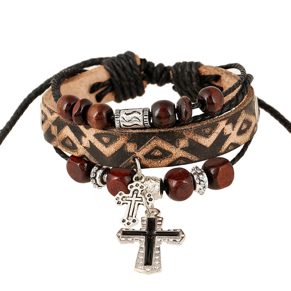 Vintage The Cross Pendant Multilayer Beads Faux Leather Braid Bracelet Bangle | Украшения и аксессуары