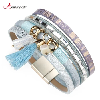 

Amorcome Blue Leather Bracelets for Women 2019 Trendy Rhinestone Crystal Tassel Multilayer Wide Wrap Bracelet Jewelry