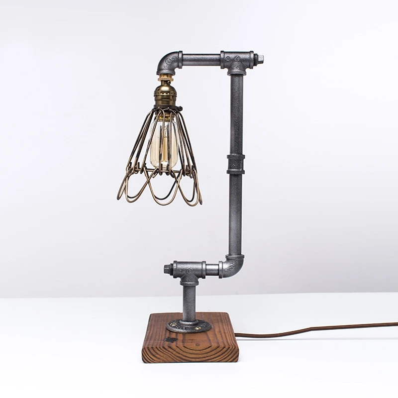 

Loft Vintage Industrial Water Pipe Table Light Edison Desk Accent Wood Lamp Cafe Ancient Silver(220V)