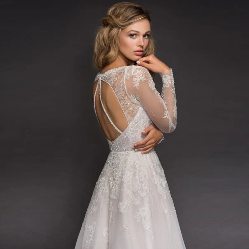 

Illusion Wedding Dresses 2019 Tulle Lace Vintage A-line Plus Size Wedding Dress Boho Long Sleeveless Beaded vestido de noiva