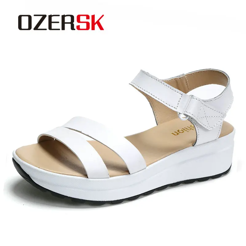 

OZERSK Brand 2018 Summer Thick Sole Sandals Women Leather Flat Fashion Women Shoes Casual Occasions Comfortable Female Sandals