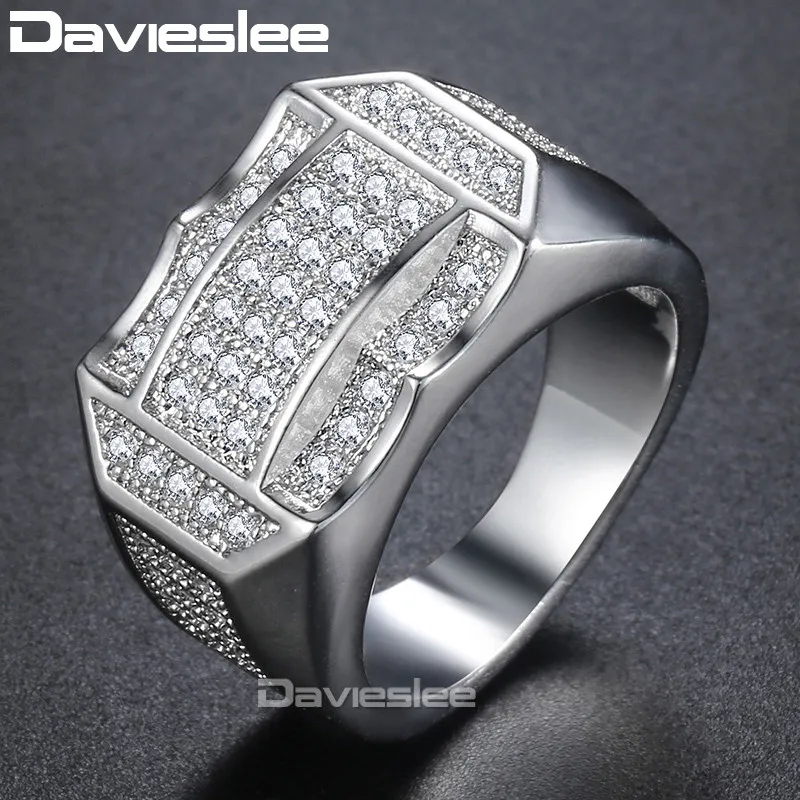 

Davieslee Micro Paved CZ Mens Band Ring Polygon Wavy Clear Cubic Zirconia White Gold Filled GF DGR21