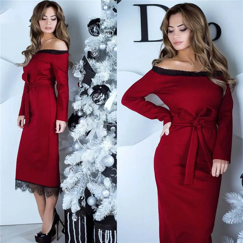 Осеннее кружевное платье Ahagaga женское облегающее с вырезом лодочкой
