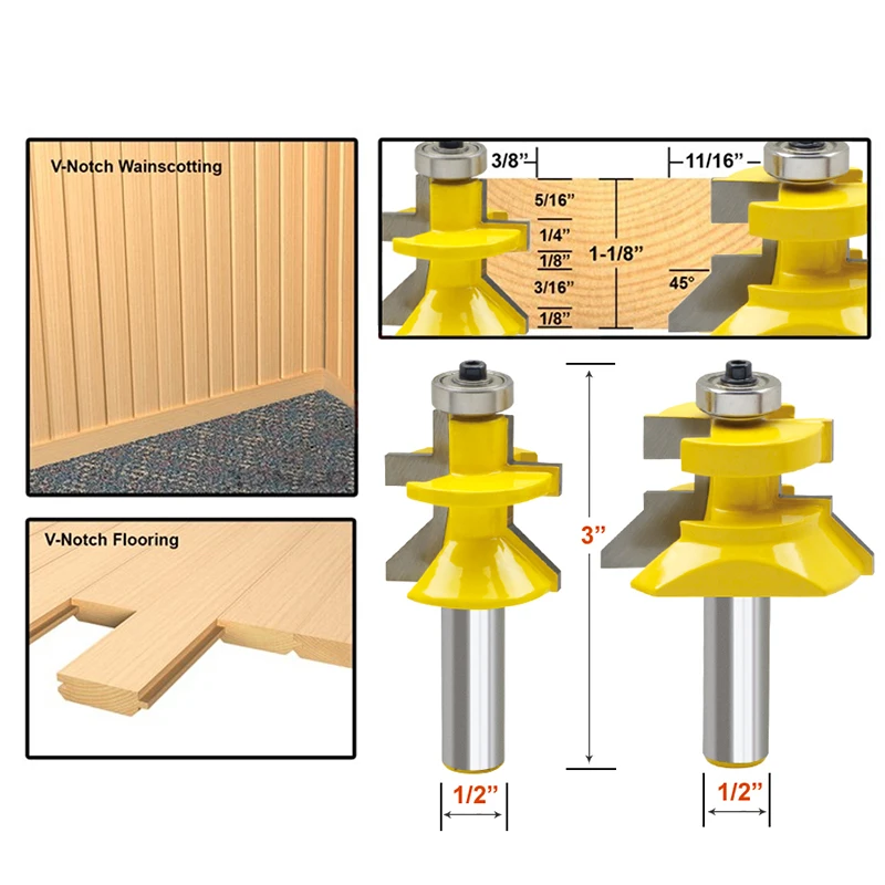 2 шт. 1/2 "хвостовик V Groove & Matched язык фреза комплект w/Премиум мяч подшипники Деревообработка резак RCT 15217