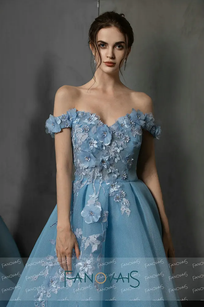 Blue Off Shoulder Evening Dresses Long With 3D Flowers Prom Dresses 2019 vestidos de fiesta largos elegantes de gala