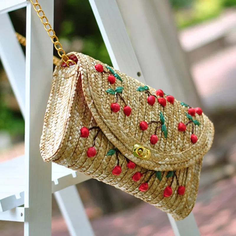Women Clutch Bag Bohemian Cherry Female Summer Beach Straw Bags Lady Travel Shoulder Bag Handmade Knit Crossbody Bolsa SS3037 (1)