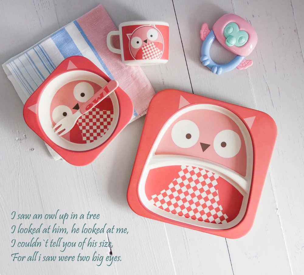 Bamboo child baby tableware plate set kids children dinnerware set dishes and plates sets feeding cup soup fork spoon utensils