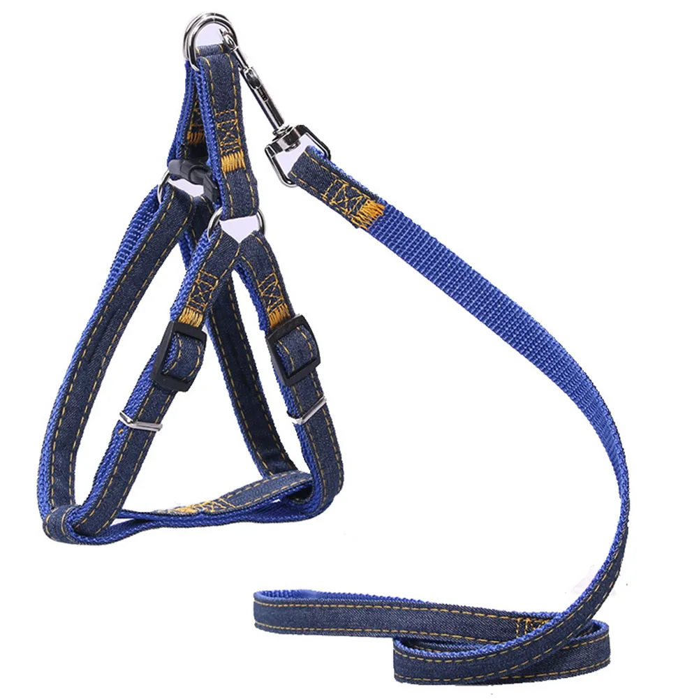 2pc set Jean Pet Dog Collar Harness Leash Three Piece Set Solid Denim 