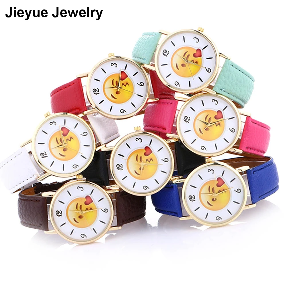 Cute Emoji BLow Kiss Watch Women Neutral Leather Quartz Wrist Watch