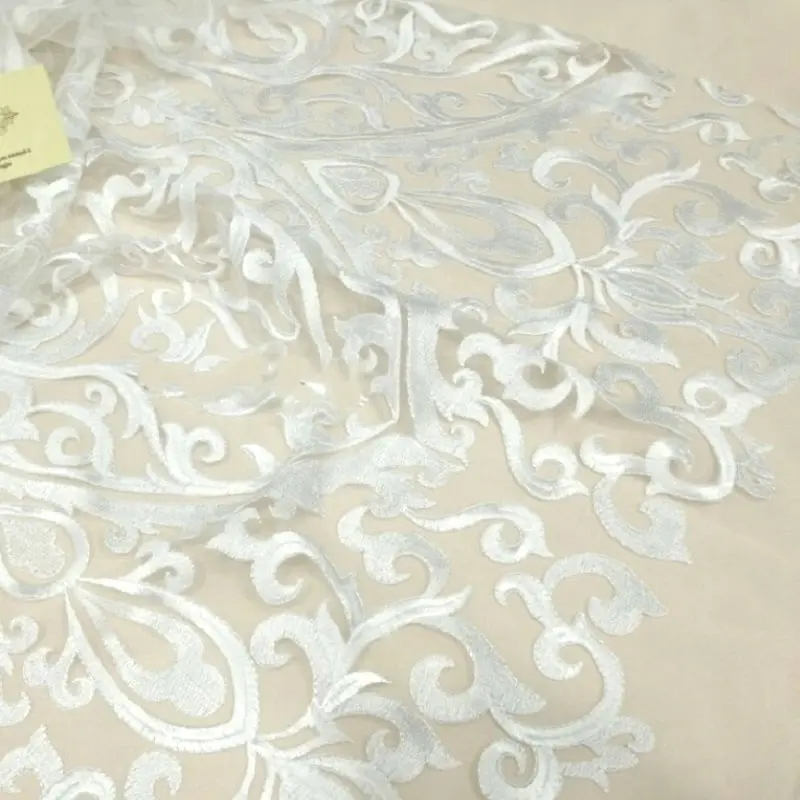 

Karma English white wedding lace with 3D flowers, beads,pearls fabric for wedding and evening dresses,price per one meter MA