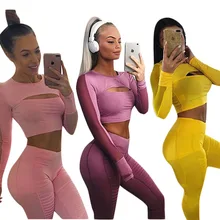 Складывающиеся штаны, комплект одежды для тренировок, женская одежда с длинным рукавом, женские костюмы для йоги, сетчатый сшитый женский спортивный костюм, комплекты для спортзала и йоги, 2 шт