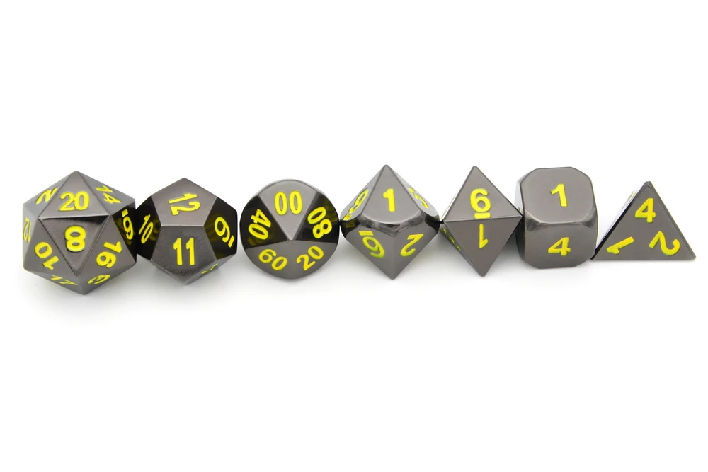 Черный хромированный металлический RPG кости с желтыми номерами для подземелья и драконов RPG кости игры и для изучения математики кости чехол