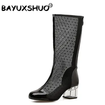 

BAYUXSHUO 2019 Summer Cool Boots Women Mesh Yarn Openwork Sandals Clear Crystal Square Heel Shoes Female Catwalk Mid-Calf Boots