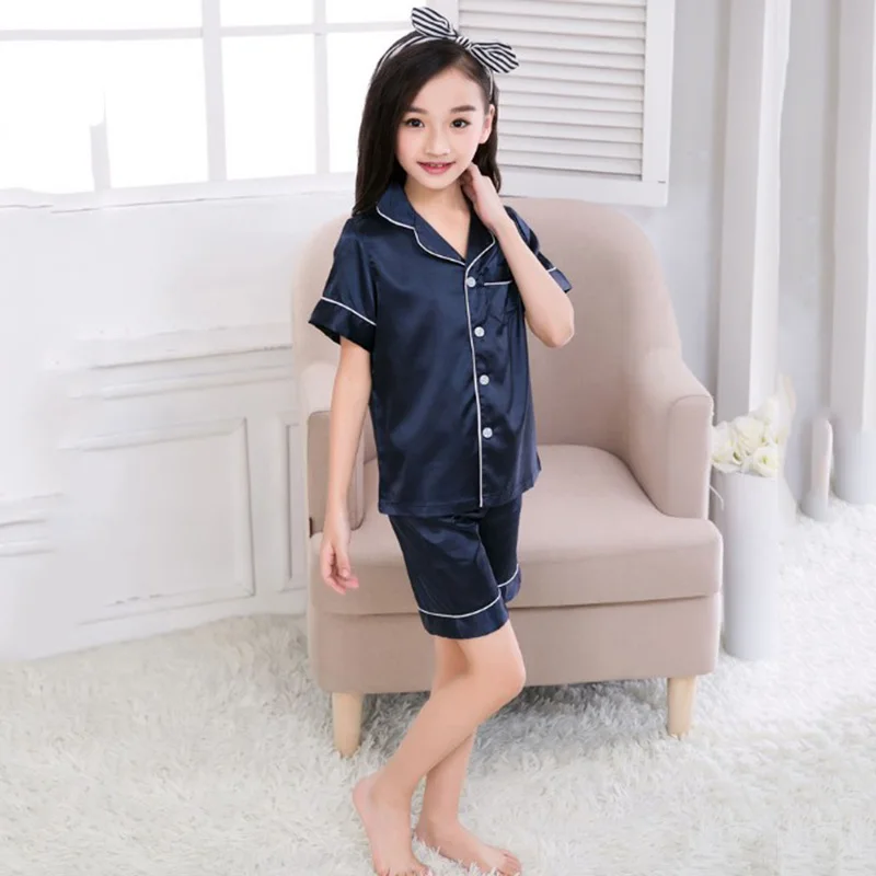 1-5Y Girls Pyjamas Satin Nightgown Sleepwear Smooth Silk Pajamas Kid Set UK