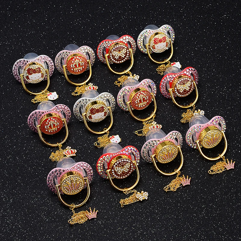 MIYOCAR all white bling pacifier dummy gold crown pacifier clip holder set BPA free FDA safe pacifier unique gift to baby