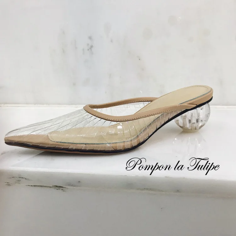 

YJ 920032 PVC surface with 5cm strange style crystal heel summer mules high quality sheepskin insole hollow out spring pumps