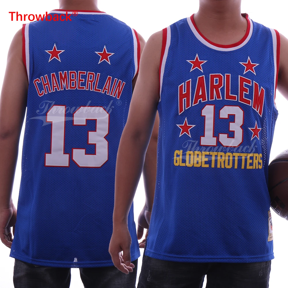 Throwback Men's Harlem globetrotters Stitched 13 Wilt Chamberlain Jersey Blue Stitched Basketball Jersey Cheap