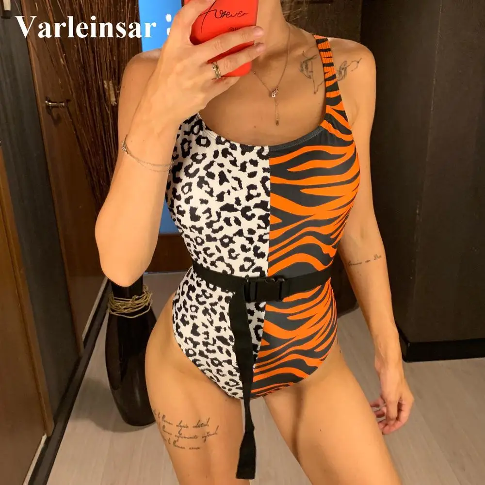 

Sexy Leopard Zebra Splicing One Piece Swimsuit 2019 Women Swimwear Female Bather Backless Bathing Suit Swim Lady Monokini V1503