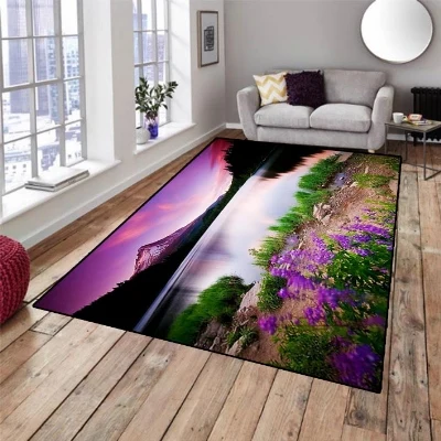Else Фиолетовое небо морской пейзаж зеленый цветочный вид 3d принт Нескользящая микрофибра Гостиная декоративный современный моющийся коврик