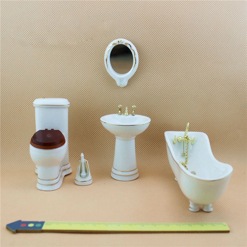 1/12 مصغرة دمية الأطفال دمية منزل الحمام الأثاث 4 قطعة/المجموعة حوض وتواليت و مرآة و غسل الجدول إكسسوارات دمي