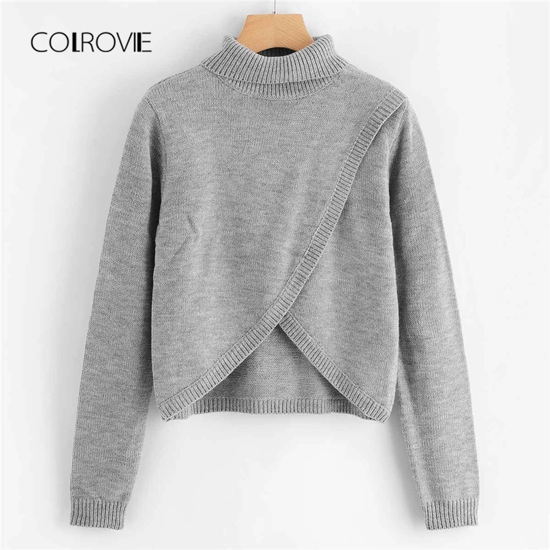 

COLROVIE Grey High Neck Asymmetrical Sexy Knitted Sweater Ladies Autumn 2018 Girl Pullover Winter Jumper Sweaters Women Clothes