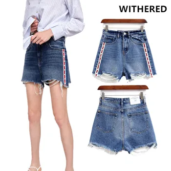 

Withered 2018 summer denim shorts women quality england washed hole tassels pearls ribbon harem denim mom shorts women plus size