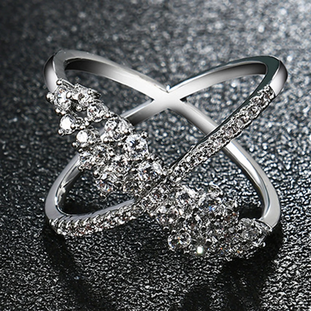 Fashion Shiny Zircon Silver Plated Cross Women Finger Ring Wedding Prom