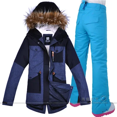GSOU Снежный женский лыжный костюм, Меховая куртка для сноуборда и катания на лыжах, ветрозащитная водонепроницаемая Спортивная одежда для улицы, супер теплый уплотненный термокомплект - Цвет: Color 3