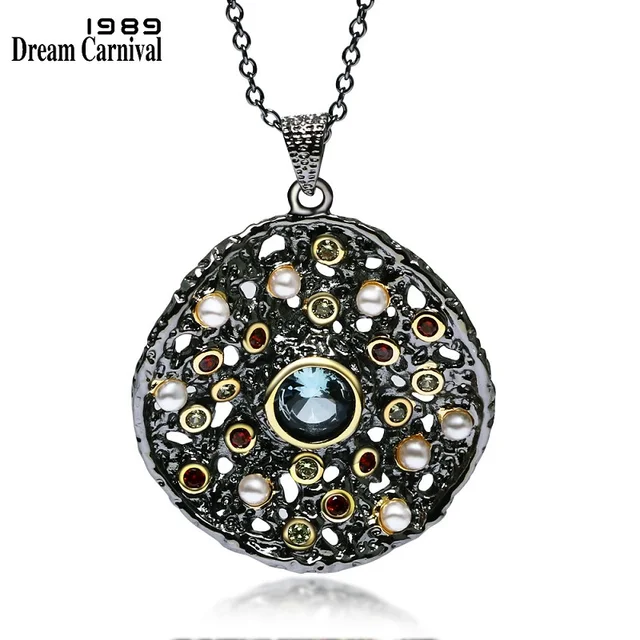 DreamCarnival 1989 Hot Gothic Jewelry Black Gold Color Pendant Chain Necklace Women Mixed Cubic Zircon Synthetic Pearl WP6532 Black Gold color