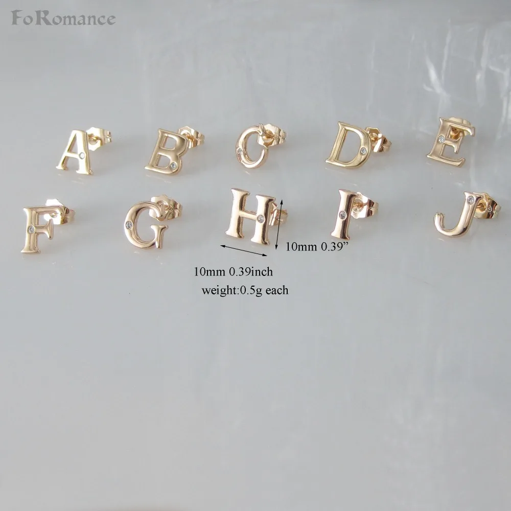 26 LETTERS INITIAL A B C D E F G H I J K L M N O P Q R S T U V W X Y Z 0.39*0.39" GOLD COLOR CZ STONE PLAIN SHINING STUD EARRING