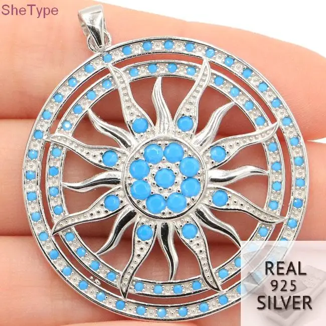 

SheType 11.1g Sublime Antique Sun God Blue Turquoise Man Gift 925 Solid Sterling Silver Pendant 44x26mm
