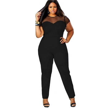 

Plus size L-4XL women jumpsuit 2020 short sleeve mesh lace Patchwork rompers large size sexy club party long pant black overalls