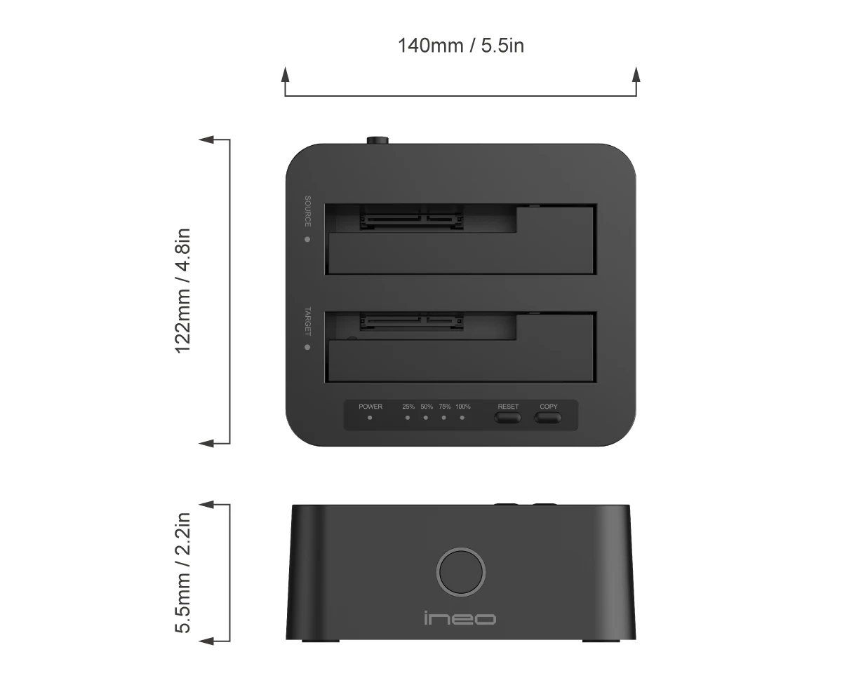 Ineo Dual HDD док-станция с автономным дубликатором для USB 3,0-2x2,5 и 3,5 дюймовый жесткий диск SSD [T3527-VIII]