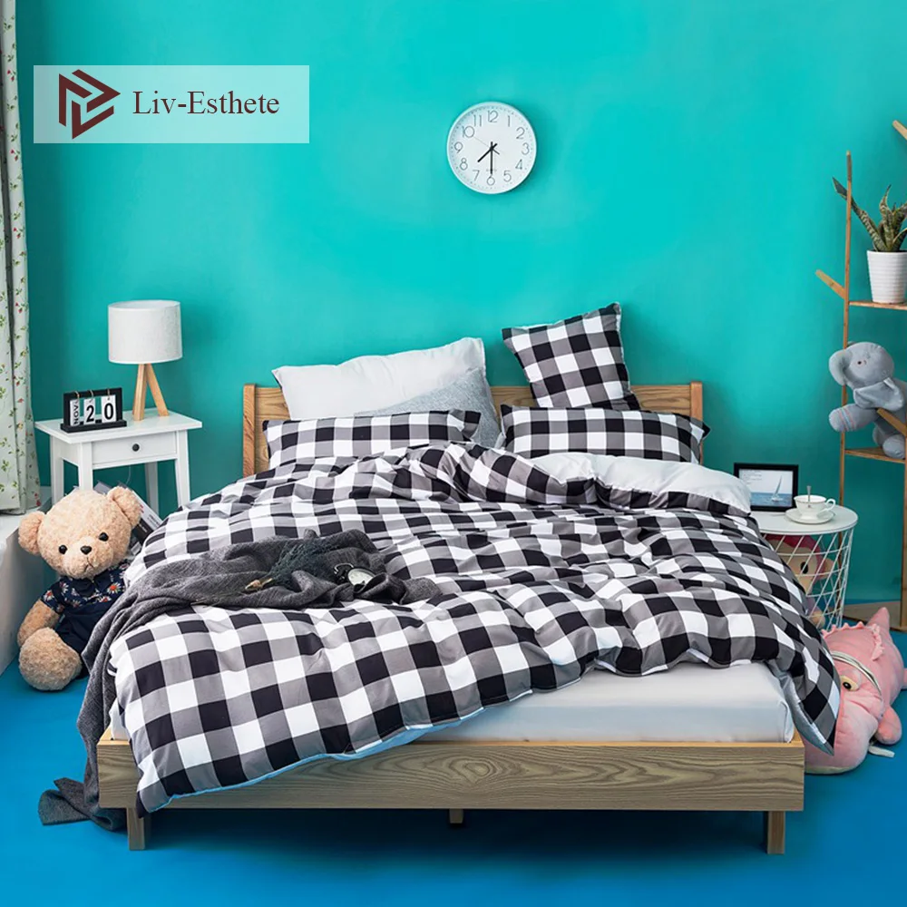 

Liv-Esthete Black White Bedding Set Grid Bedspread Simple Japan Style Bed Linen Nordic Flat Sheet Double Queen King Duvet Cover