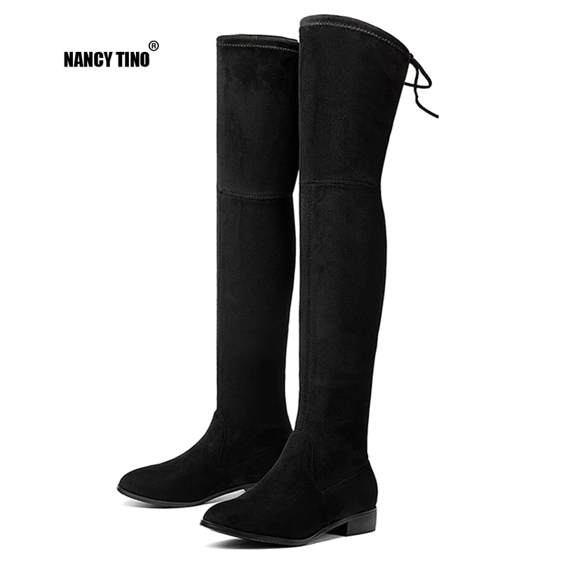 NANCY TINO Ladies Shoes Square Low Heel Women Over The Knee Boots Scrub