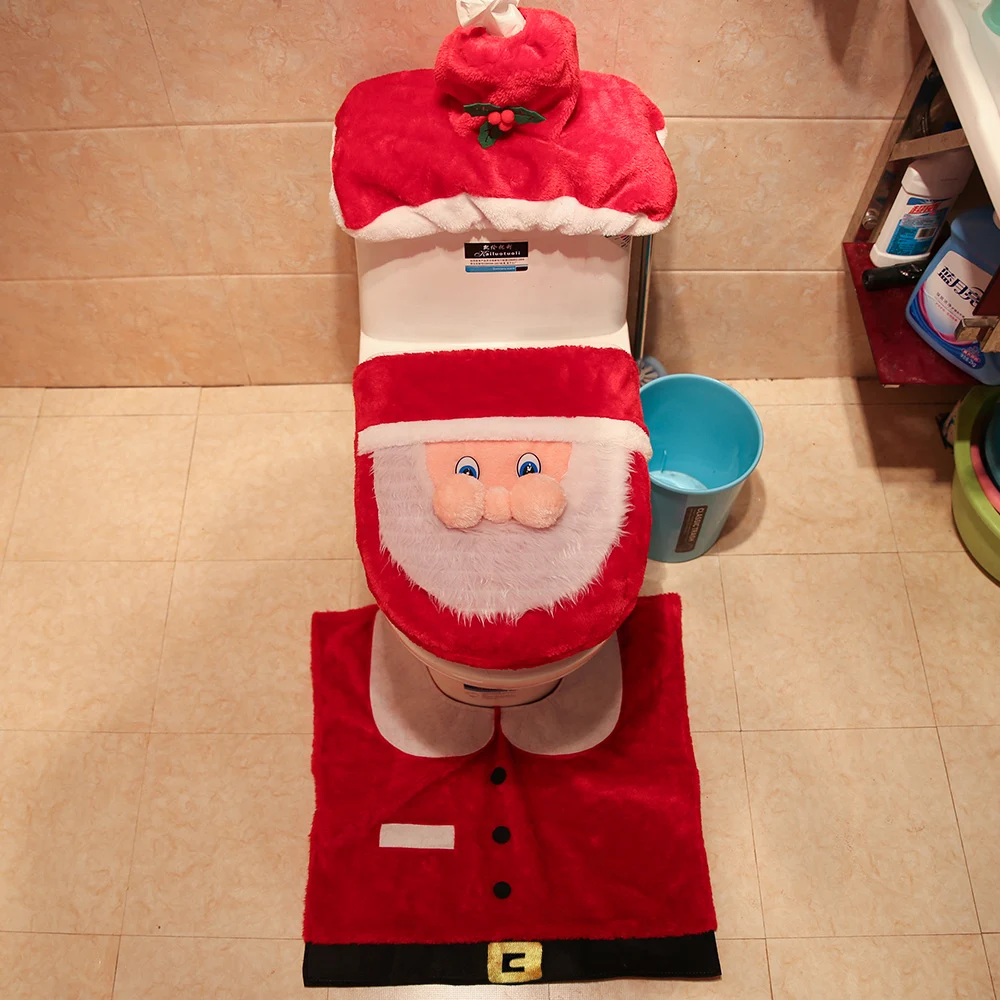 Christmas Santa Claus Toilet Foot Pad Seat Cover Cap Bathroom Decoration