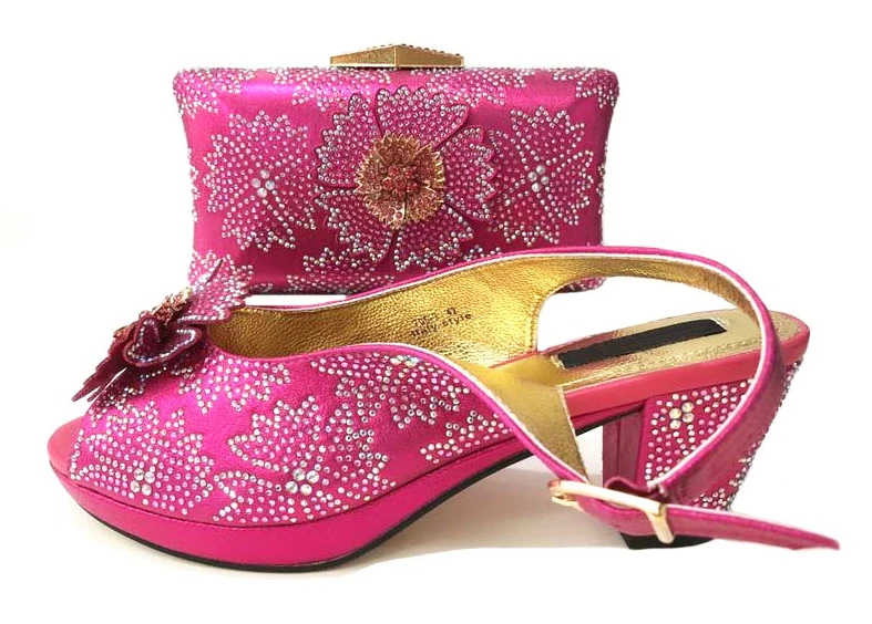 

Elegant sandals shoes and bag rhinestones clutches bag for african aso ebi fushia hot pink shoes and bag matching set SB8244-1