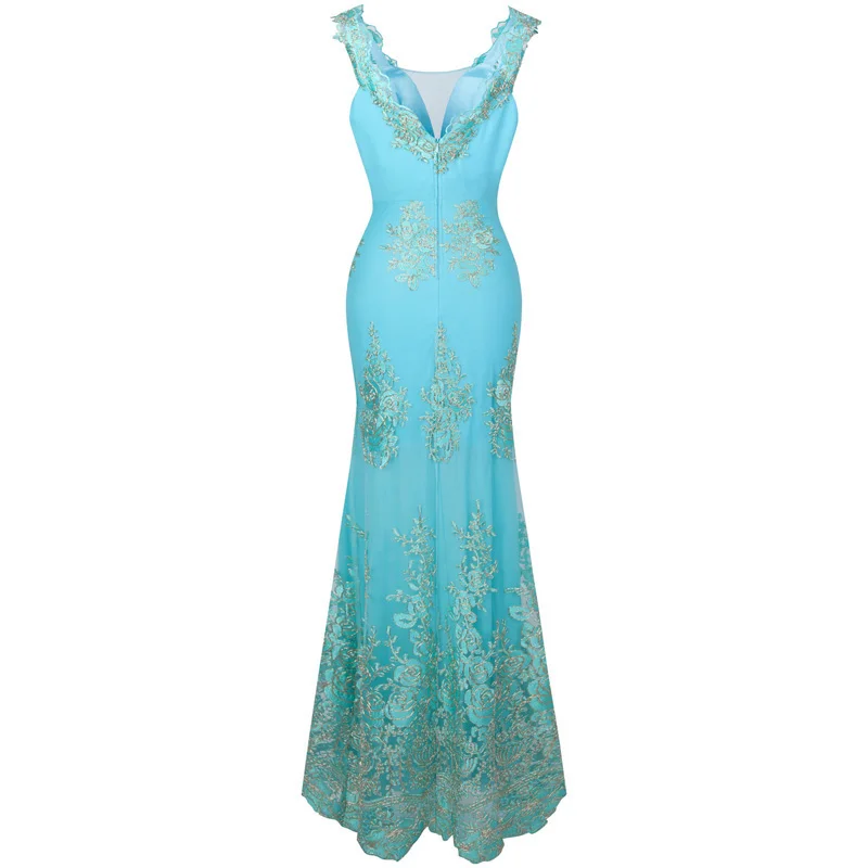 Angel-Fashion женское кружевное платье с v-образным вырезом и вышивкой, длинное платье русалки для выпускного вечера, светильник лавандового, небесно-голубого цвета 310