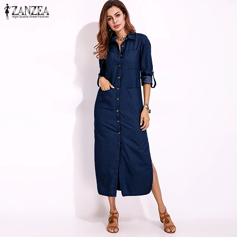 Koop S 5XM ZANZEA Vrouwen Plus Size Denim Blauw Jean Look Knoppen Down Zakken Slit Vouw Mouwen Lange Tops Jurk Vestido