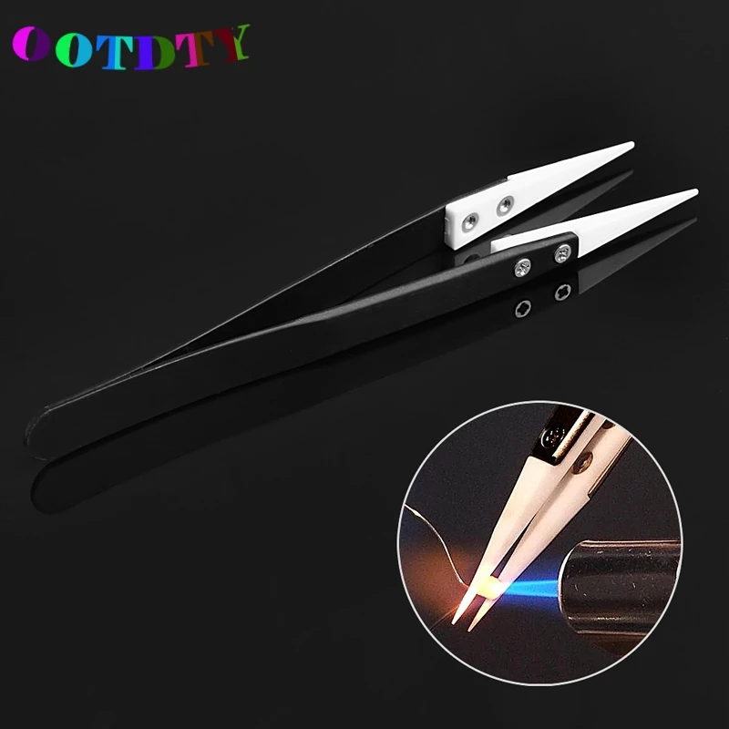 

OOTDTY Ceramic Tips Tweezers Stainless Steel Handle Straight Aimed Tweezers For Coils